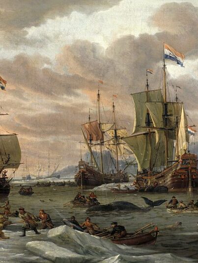 Drie Hollandse walvisvaarders in de Poolzee