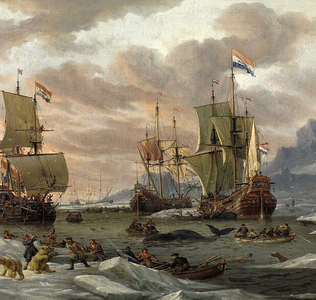 Drie Hollandse walvisvaarders in de Poolzee