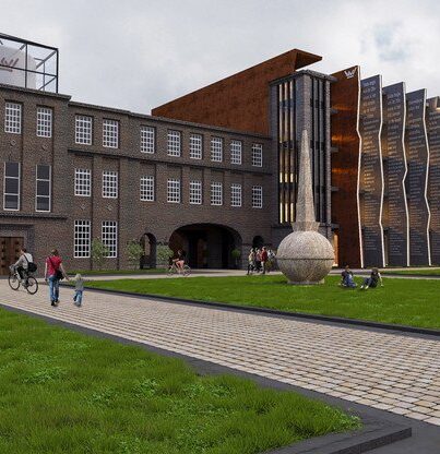 Sfeerbeeld van de nieuwe entree van het KVL-terrein in Oisterwijk, gezien vanaf de spoorzijde. Links van de nog te restaureren gedenknaald is de ingang naar het U-gebouw aan de rechterkant