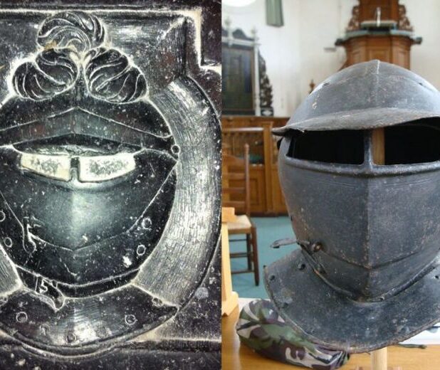 Van Aysma's helm op zijn gerestaureerde graf en in het echt