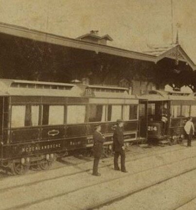 Oude stoomtramstation in Scheveningen, circa 1880