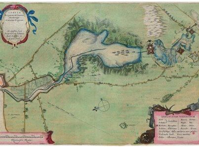 Kaart van de oorspronkelijke waterlinie, getekend door Professor Fransiscus van Schoten in 1629
