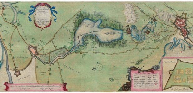 Kaart van de oorspronkelijke waterlinie, getekend door Professor Fransiscus van Schoten in 1629