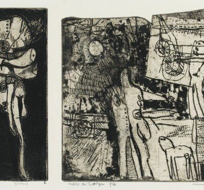 Hannes (J.G.M.) Postma, Pelgrim/Onder de horizon, 1962, ets/aquatint, 30 x 46 cm (papiermaat), inv.nr. SZ18416