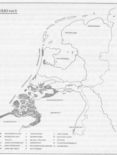 Kaart van de door de Sint-Felixvloed van 1530 getroffen gebieden, waaronder Oud-Rilland
