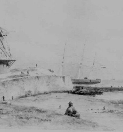 De Oranjemolen in Vlissingen. Rechts van de figuur op de dijk de contouren van het wrak dat begin dit jaar precies zo naar boven kwam