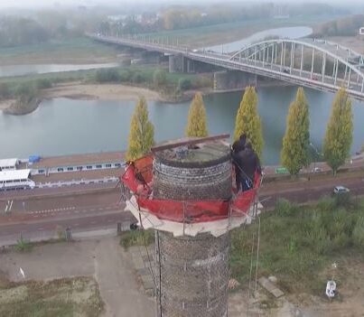 Restauratie van de oude Coberco-schoorsteen in Arnhem
