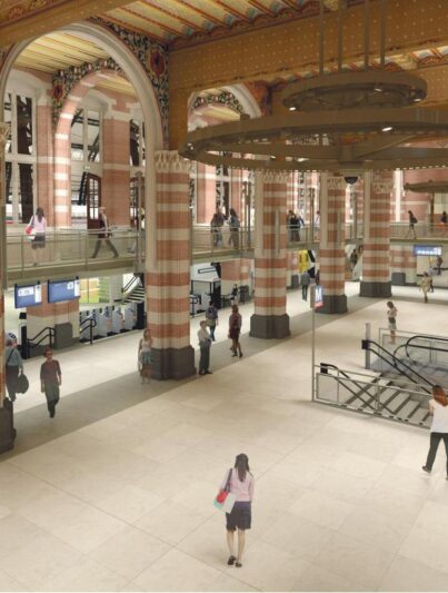 Impressie van de Cuypershal met de trap naar de metro's