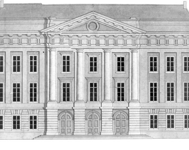 Tekening van het stadhuis in Utrecht rond 1830