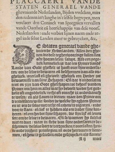 De eerste pagina van de gedrukte versie van het Plakkaat van Verlatinghe