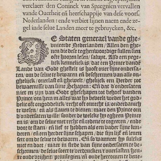 De eerste pagina van de gedrukte versie van het Plakkaat van Verlatinghe