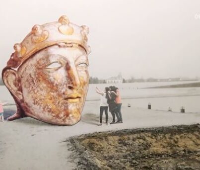 Het door kunstenaar Andreas Hetfeld ontworpen gigantische Romeinse masker