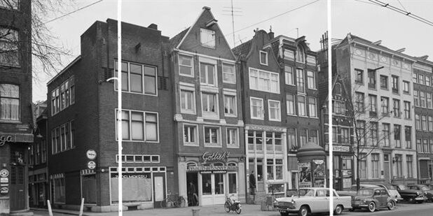 Voorgevel Nieuwezijds Voorburgwal 86, waarop de onderpui uit 1877 zichtbaar is (1962)