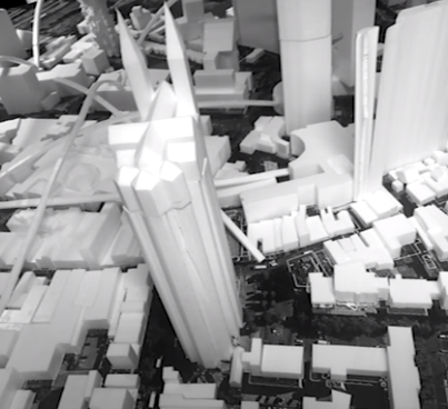 Een beeld van de opgetilde Catharinakerk in Eindhoven uit een video over de workshop van Winy Maas tijdens de Dutch Design Week in 2016.