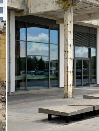 Zit/ligelementen van bouwpuin-beton in Maastricht.