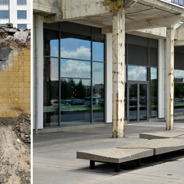 Zit/ligelementen van bouwpuin-beton in Maastricht.
