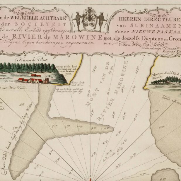 Een oude kaart van de riviermonding van de Marowijnerivier, waar het wrak van het schip in de buurt zou liggen.